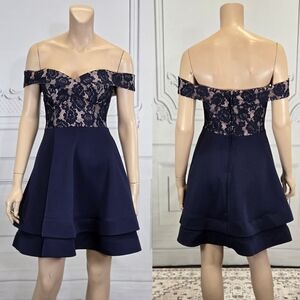 Camille La Vie Navy Blue Lace Off Shoulder Homecoming Party Prom dress sz 5